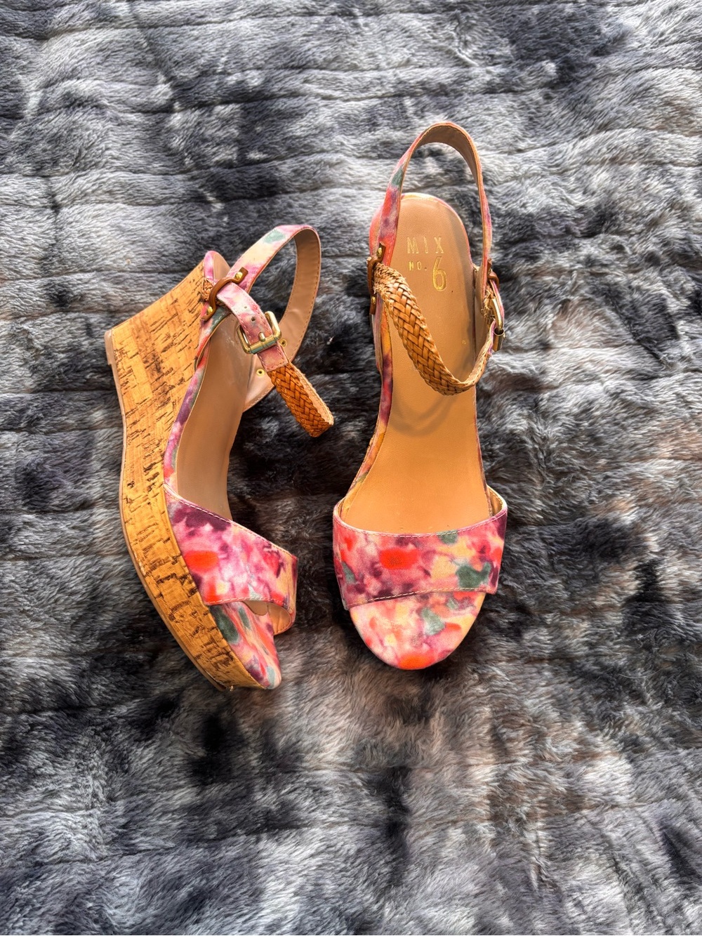 Mix No. 6 Floral Cork Wedge Sandals in Multicolor Pink